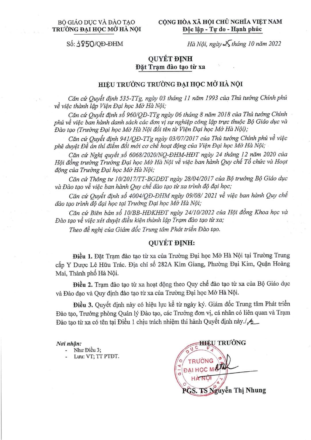 TRƯỜNG ĐẠI HỌC MỞ HÀ NỘI RA QUYẾT ĐỊNH ĐẶT TRẠM ĐÀO TẠO TỪ XA
