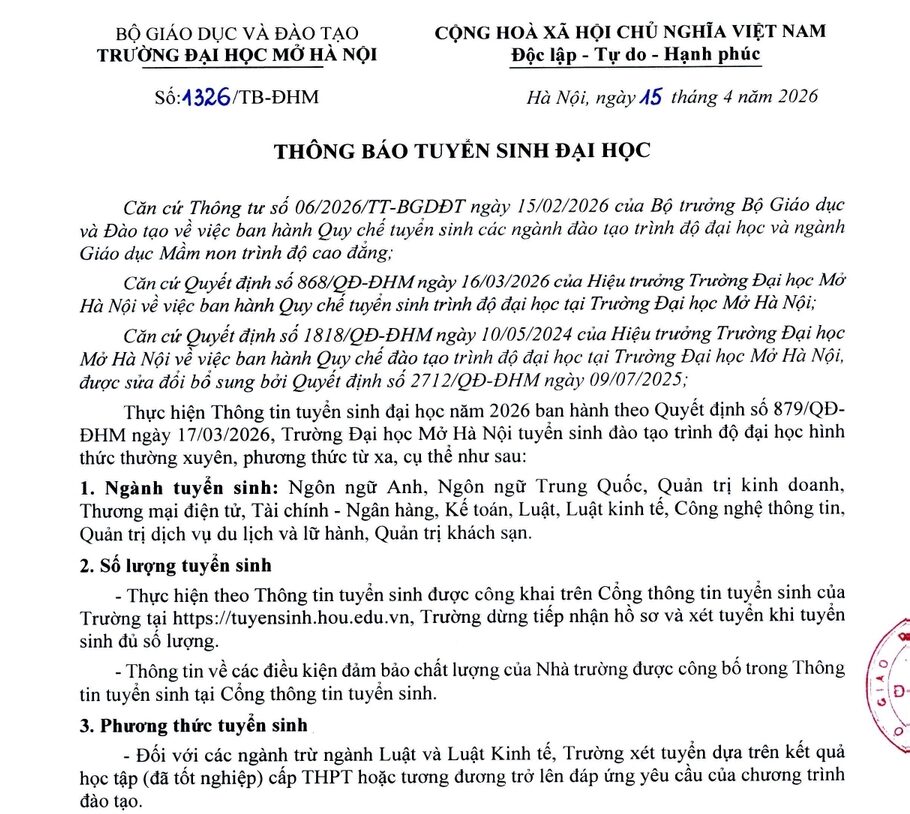 EHOU Thông báo tuyển sinh theo phương thức từ xa 2026
